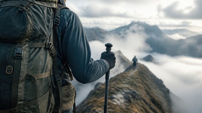 Mountain hiking: backpacking travelers crossing a narrow mountain ridge surrounded by misty highlands