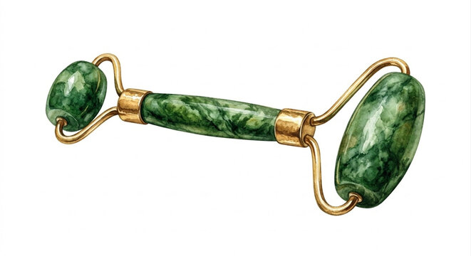 Green Jade Facial Roller Watercolor Illustration Isolated on White