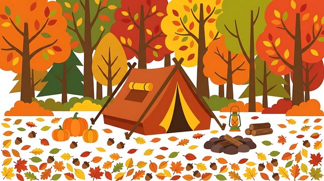 Autumn camping tent in a forest with pumpkins and fallen leaves for
