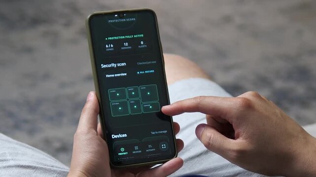 User reviews a smart home security dashboard on a smartphone, checking protected zones, sensors, doors and windows in a connected home monitoring system.