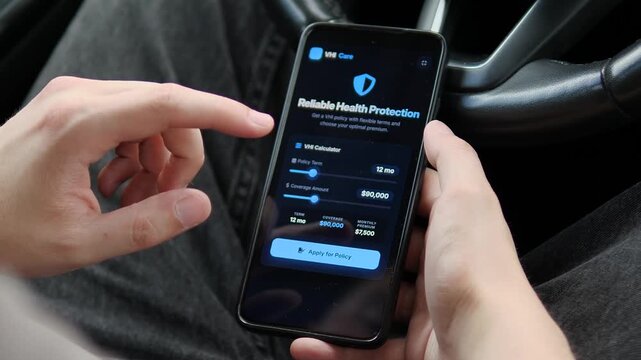 User customizes a digital health insurance plan on a smartphone and receives instant approval, highlighting automated underwriting, mobile finance and online policy enrollment.
