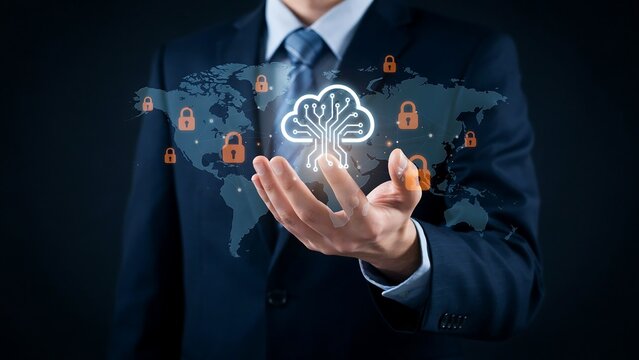 Businessman's hand holding glowing cloud network over world map with digital locks symbolizing data security