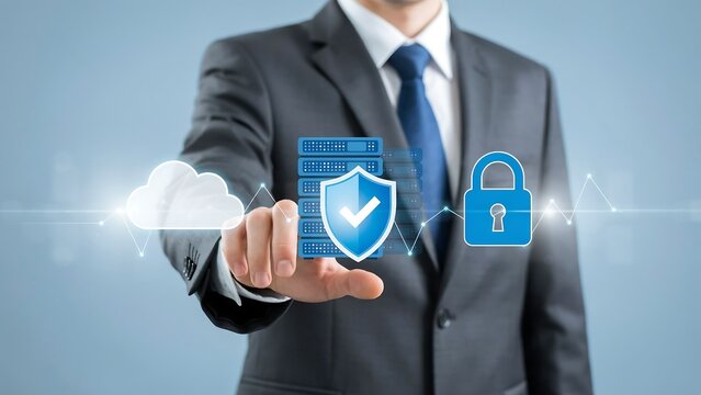 Businessman's hand touching digital security icons with cloud storage server and padlock against blue background