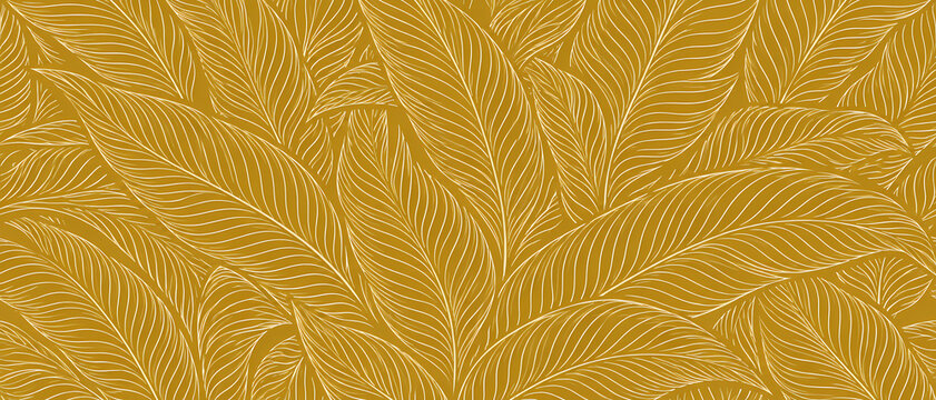 Elegant mustard gold tropical wallpaper with beige hand drawn banana leaf line art forming a dense botanical pattern, creating a warm luxury nature background with refined decorative foliage design