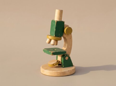 Wooden toy microscope on beige background for science education