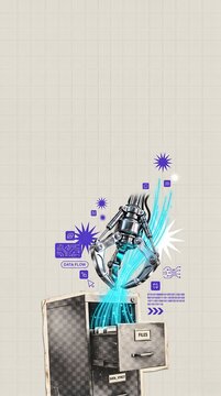 Robotic arm pulling glowing digital data from vintage file cabinet