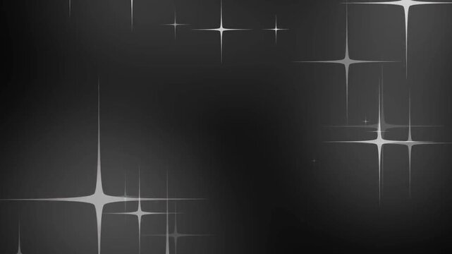 Gleaming starbursts illuminate a dark grey gradient background with subtle glowing points of light.