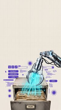 Robot claw extracting digital data from old filing cabinet