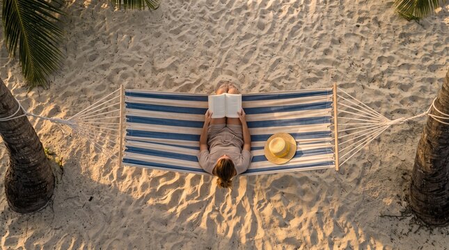 Woman reading a book in a hammock on a sandy beach with palm trees and a straw hat nearby