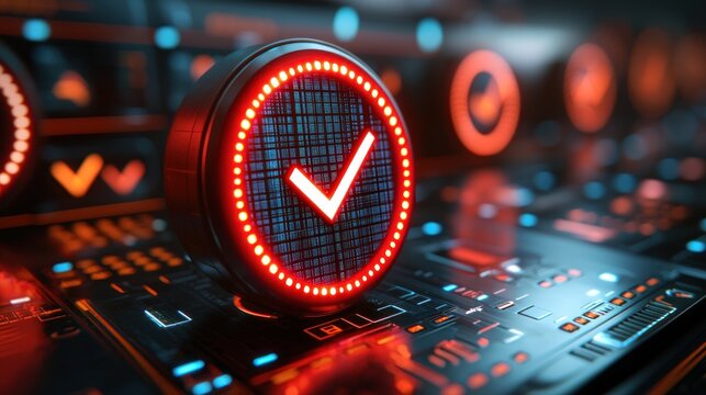 Illuminated red check mark button on tech surface
