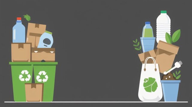 Modern Flat Vector Vertical Banner with Stacked Recycling Bins and Containers