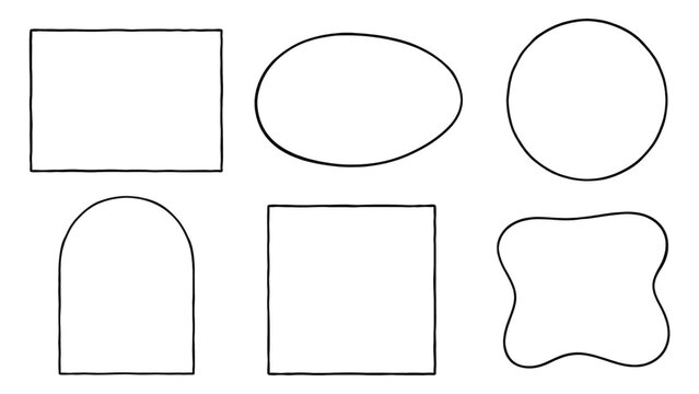 Six hand-drawn outline shapes including rectangle, oval, circle, rounded arch, square, and organic wavy blob on a transparent background