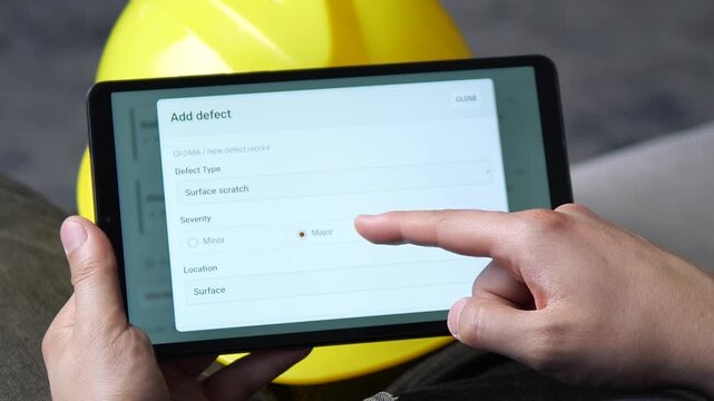 Worker records a critical surface defect on a tablet, highlighting digital quality control, defect traceability and rapid escalation in modern manufacturing.