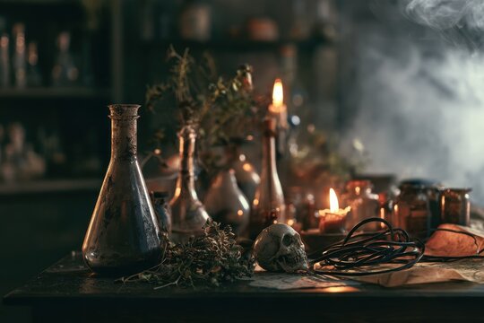 Selective-focus moody composition featuring eerie ambience, glass vessels, and a skull on a dim foggy table