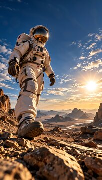 Astronaut walks across a rugged alien planet at sunset, with distant mountains, glowing horizon, and dramatic clouds, evoking space exploration, discovery, and humanity's future. worm's eye, hero view