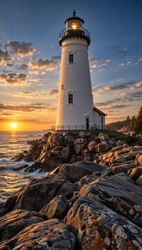 A white lighthouse stands on rugged coastal rocks at sunset, overlooking ocean waves under a dramatic golden sky, ideal for travel, navigation, maritime and nature themes.