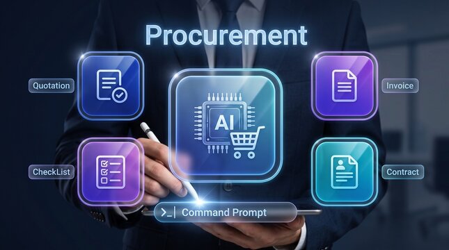 A professional hand interacting with a digital device, showcasing AI-integrated procurement processes and document management, emphasizing efficiency in supply chain operations. Cyphers 