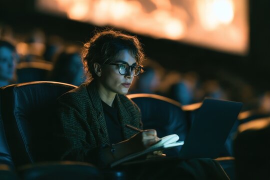 Serious moviegoer at a dim cinema: a focused film critic writes notes during a screening