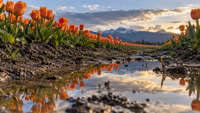 A vibrant field of orange and yellow tulips lines the muddy banks, reflecting the soft colors of the sunset sky across a puddle, with distant mountains visible under the clouds