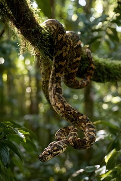 Side-view portrait of a carpet python hanging from a branch in a tropical rainforest