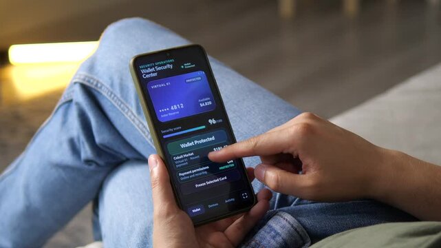 User reviews virtual cards and trusted devices in a mobile wallet security app, highlighting digital payment protection, account monitoring and fraud prevention.