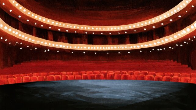 Empty theatre auditorium interior with red seats and balcony lighting for event poster stage background and performance design