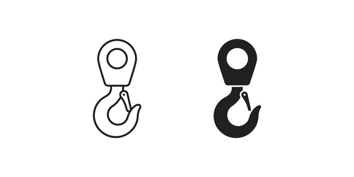 Lifting hook icon set in outline and solid black for construction industry.
