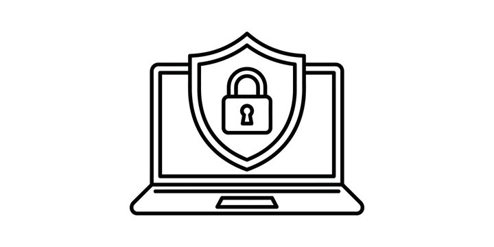 Digital laptop computer security icon with shield and padlock symbol for network safety and data privacy concepts.