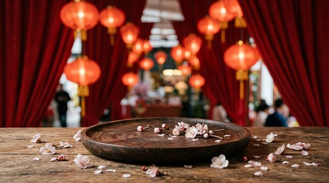 Lunar New Year Product Display Podium with Red Lanterns and Plum Blossoms
