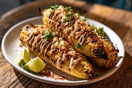 Vibrant grilled corn on the cob served on a simple dish with garnishes