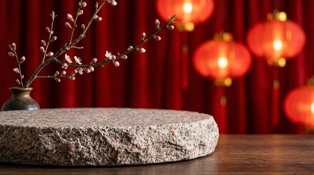 Lunar New Year Product Display Podium with Red Lanterns and Plum Blossoms
