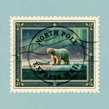 Vintage Arctic Stamp Design: Polar Bear, Aurora Borealis, and Postmark Illustration