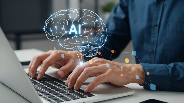 Person typing on laptop with glowing AI brain graphic connected by network nodes during daytime