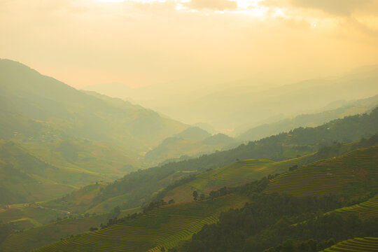 Beautiful sunset in the mountains. The Mu Cang Chai rice terraces in Vietnam.