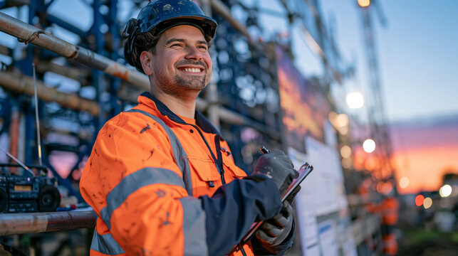 A scaffolding worker records a voice memo about structural progress at twilight on a construction site, a radio playing quietly in the background beside the before-and-after visual of completed vers