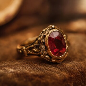 Exquisite antique gold ring featuring a vibrant oval red ruby gemstone with intricate floral leaf engravings, showcased on dark vintage velvet texture in warm moody lighting
