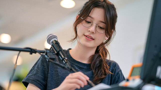 A teen debater managing chronic fatigue carefully cleans the microphone and podium stand before a round, measuring instrument reading checked closely on a monitor, the entire sequence unfolding agai