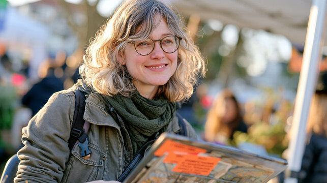 An astrologer at an outdoor fair improvises a chart reading with faded instruction stickers on worn reference cards, the natural setting surrounding the aftermath framing of a New Year resolution ho