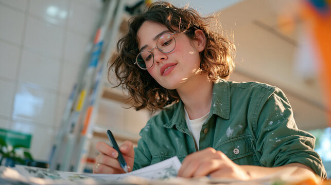 An astrologer in a hospital waiting area repurposes printed chart offcuts into personalized client folders, a tall ladder leaning against the tiled wall behind, geometric prism light refracting acro