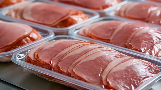 Multiple transparent trays of pre-packaged, sliced raw bacon, clearly lit, isolated on transparent background. Ideal for food industry ads or supermarket promotions.