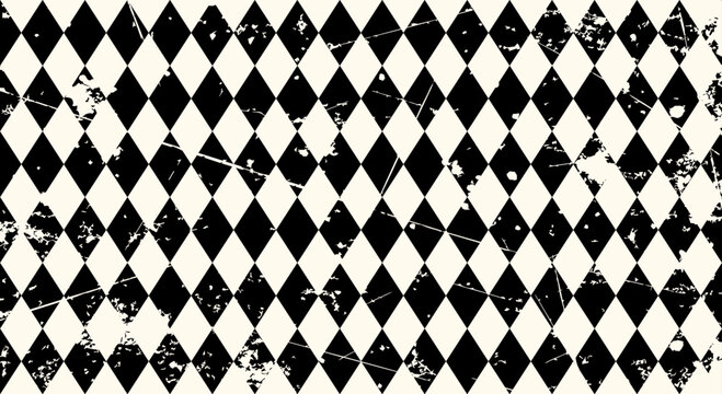 Black and cream seamless vector argyle pattern with repeating diamonds and distressed grunge texture. Retro geometric background for textile, fashion, wallpaper and print.