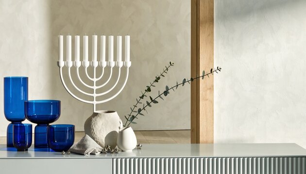 Hanukkah menorah and blue glass vases