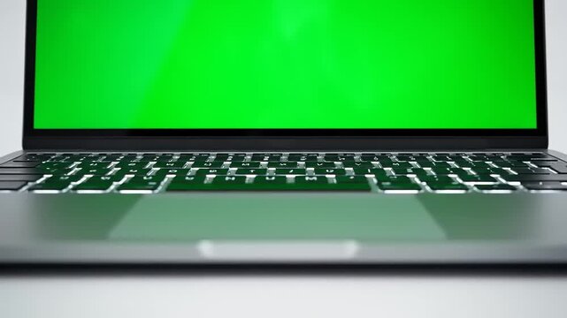 Modern portable laptop computer with blank green screen mockup display and illuminated keyboard on white desk