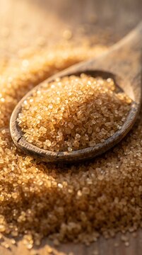 Wooden spoon filled with raw brown cane sugar granulated sugar baking ingredient cooking ingredient sweet food spoonful of sugar organic sugar unrefined sugar