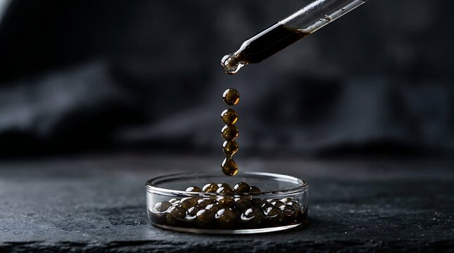 Molecular gastronomy spherification process making balsamic vinegar caviar pearls with pipette in a Petri dish