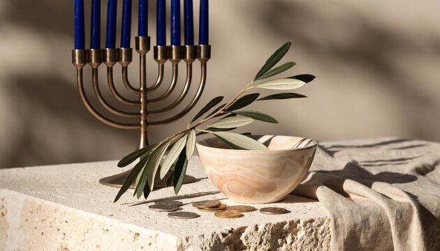Hanukkah menorah with olive branch and bowl