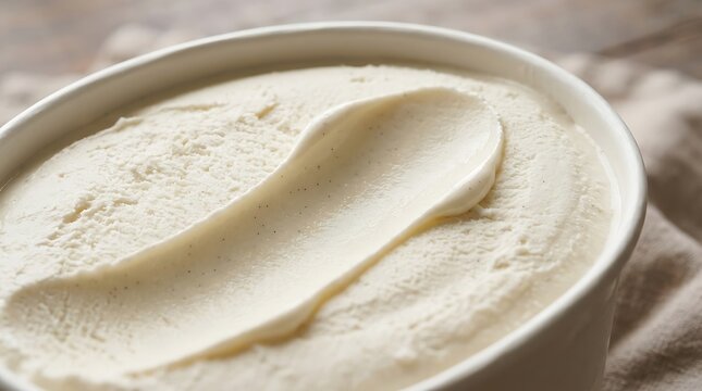 Delicious vanilla ice cream in a tub with a creamy scoop mark, perfect for dessert lovers
