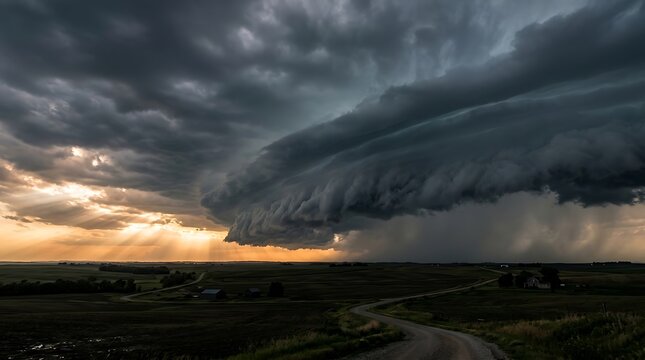 Dramatic supercell storm with massive shelf cloud and sunbeams over rural countryside landscape at sunset