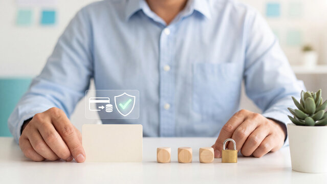 Card payment protection and transaction security concept, man holding blank card mockup with wooden cubes and shield for pci compliance, money transfer, fraud defense and safe banking
