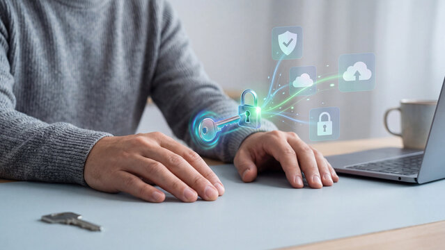 Cloud encryption and data access control concept, man at table with laptop and coffee mug, virtual cipher opening private storage for cloud upload, backup protection and cybersecurity